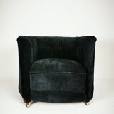 19th century black upholstered victorian tub chair on brass casters