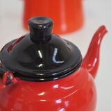 Set pichet & théière en métal émaillé orange et noir 1950s, set de 4