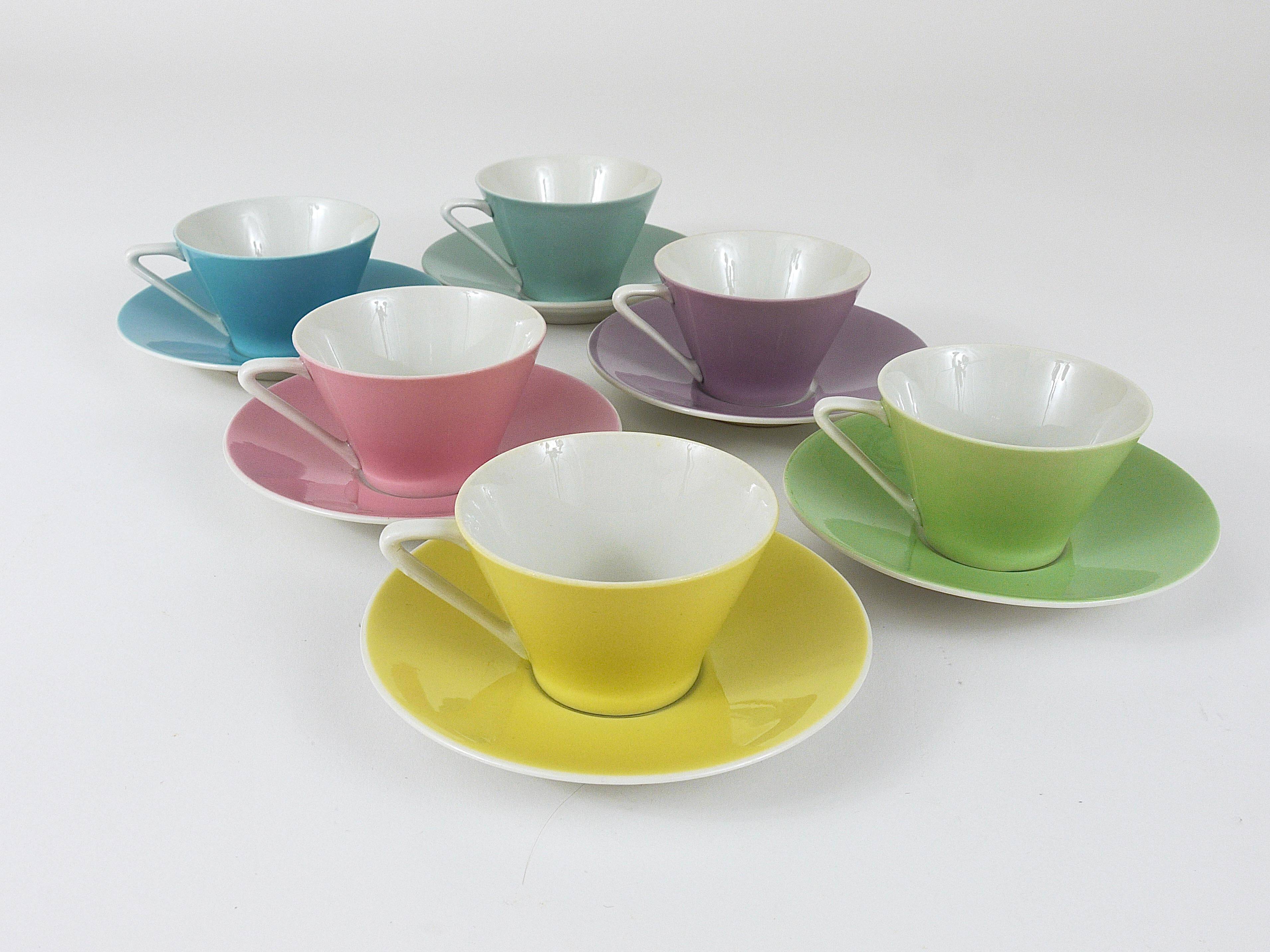 6 pastel mid-century porcelain espresso cups, Daisy, Lilies, Austria, 1950s