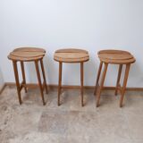 Set of 3 oak mid-century french bar stools Guillerme et Chambron