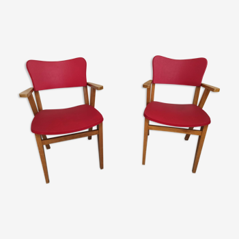 Pair armchairs bridges in red skaï and wood armchair bridge