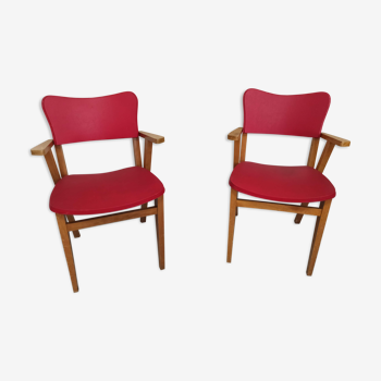 Paire fauteuils bridges en skaï rouge et bois fauteuil bridge