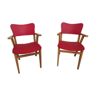 Pair armchairs bridges in red skaï and wood armchair bridge