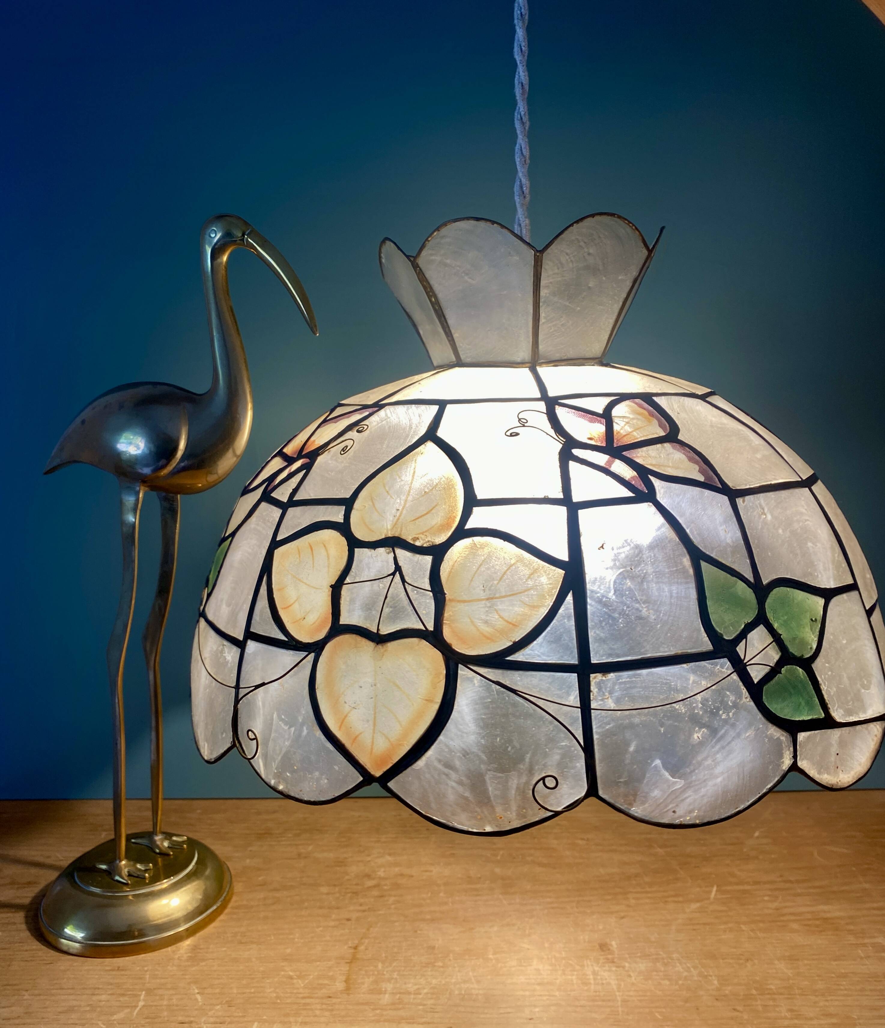 Vintage mother-of-pearl and brass lampshade pendant with flower and butterfly decorations