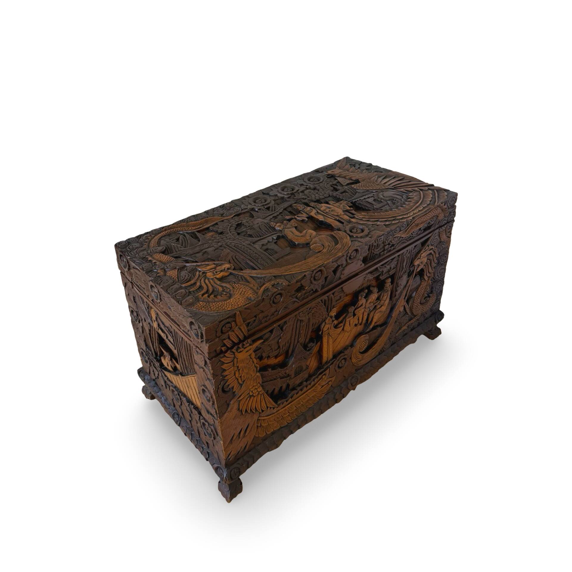 Antique Chinese Carved Export Chest – Dragon, Phoenix & Landscape Deco