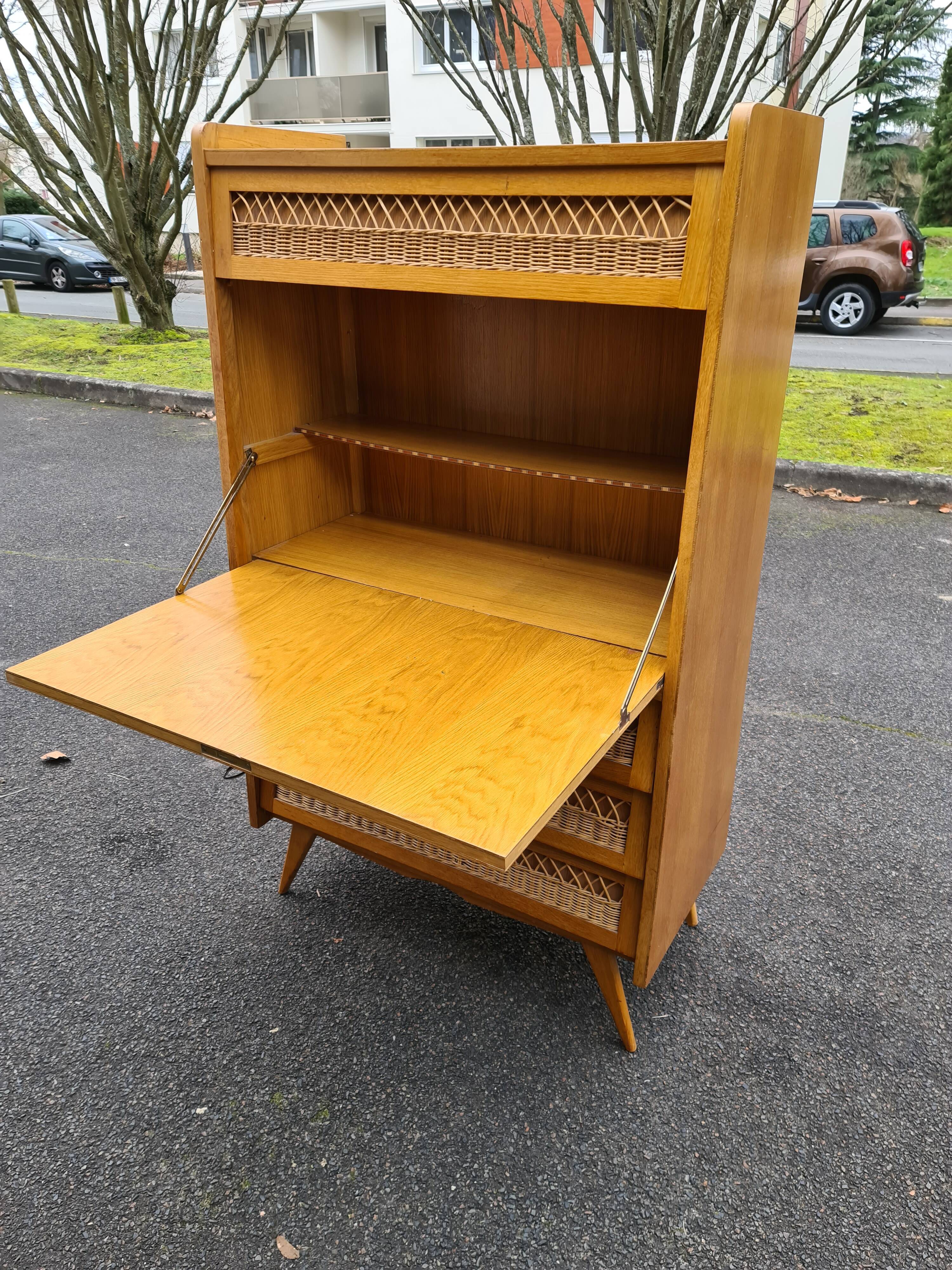 Secrétaire vintage pied compas 1960 rotin