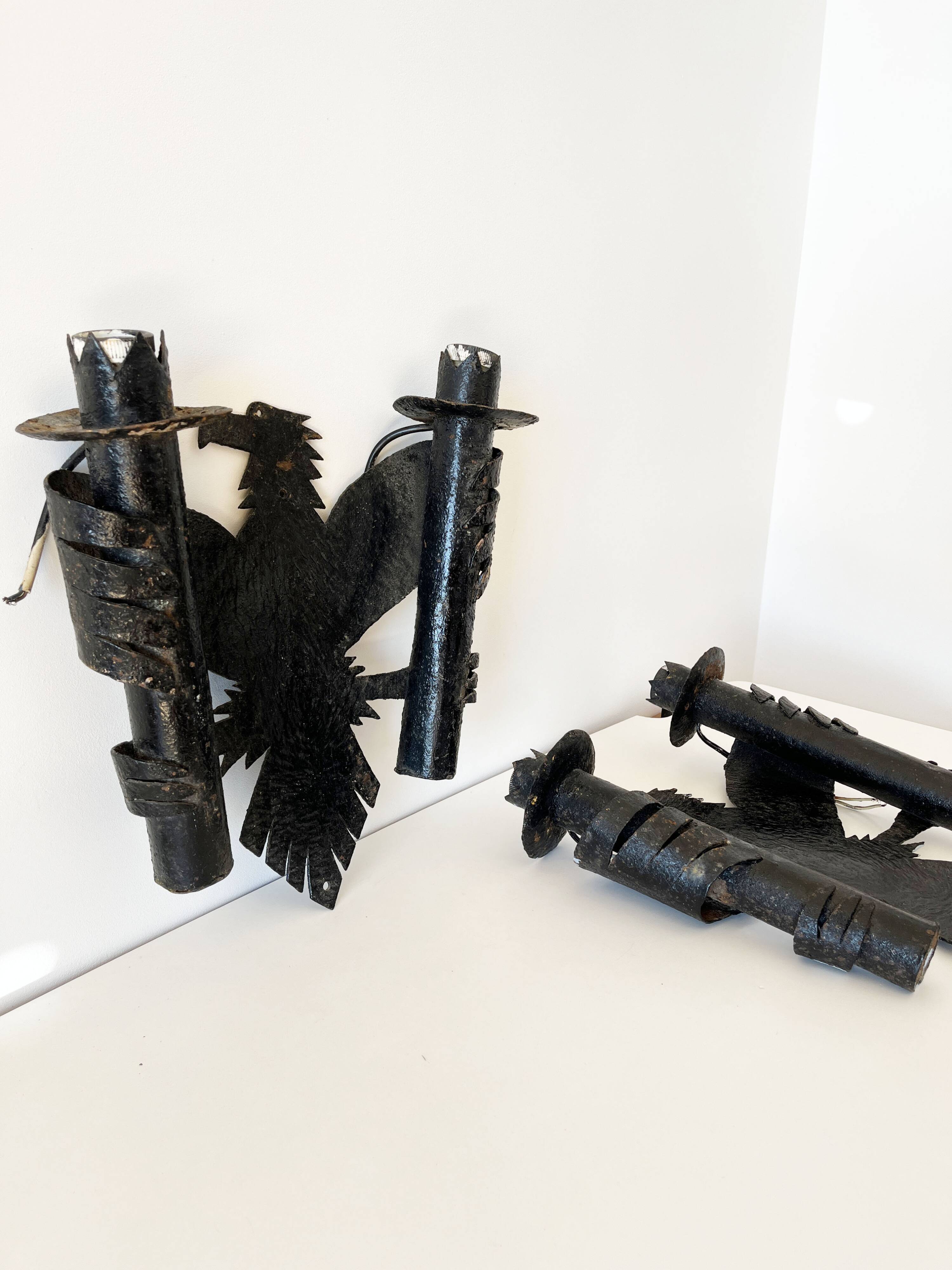 Pair of Brutalist Wrought Iron Eagle Wall Sconces
