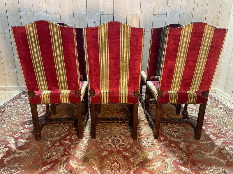 Suite de 6 chaises de style Louis XIII velours rayé