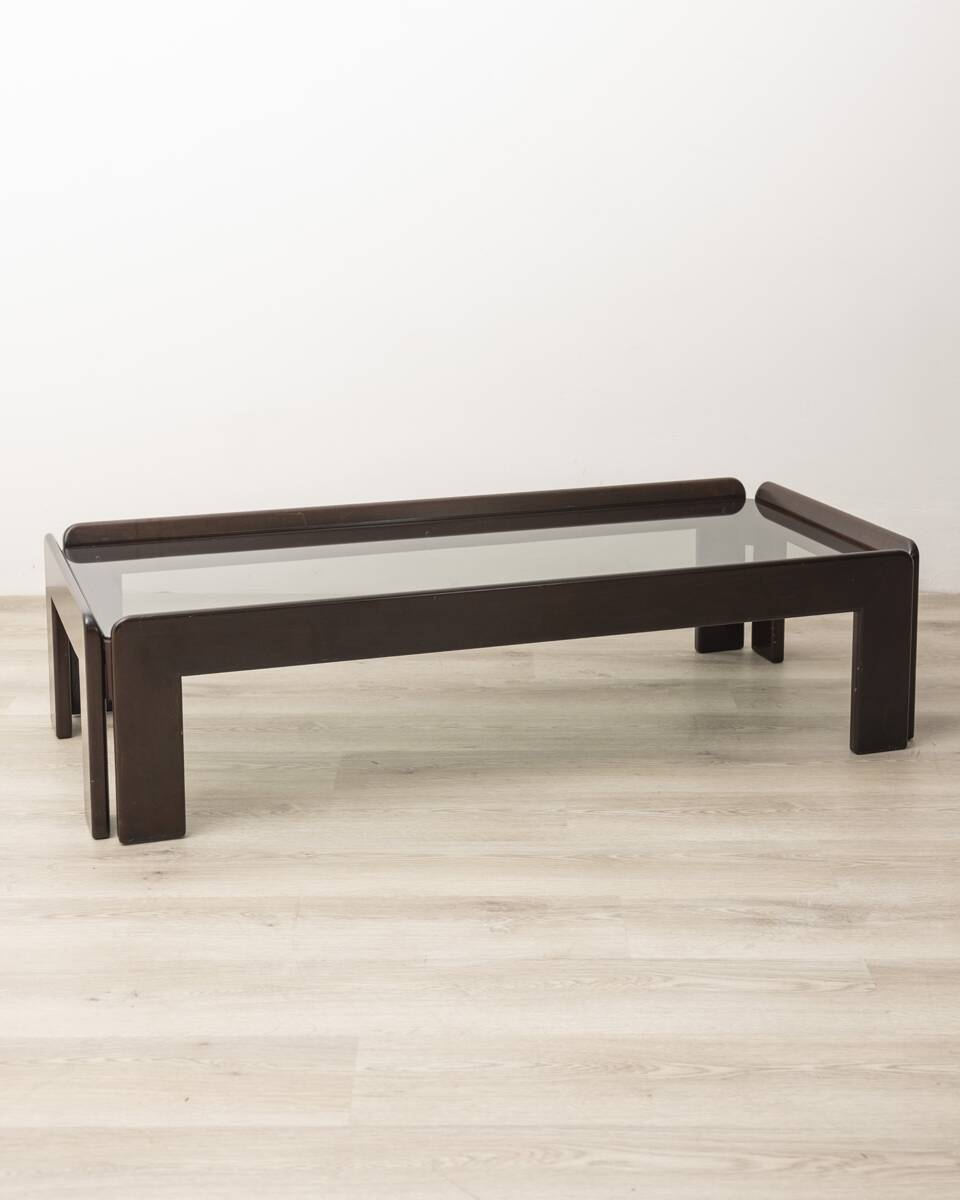 Table vintage années 70 en bois et verre design afra et tobia scarpa