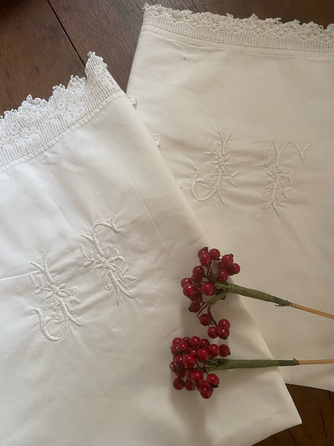 2 monogrammed JF trousseau pillowcases from the 30s.