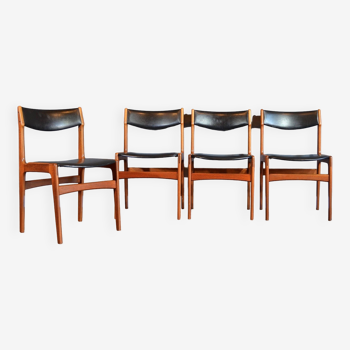 Ensemble de 4 chaises danoises en teck et cuir du milieu du siècle Erik Buch. Vintage Moderne / rétro.