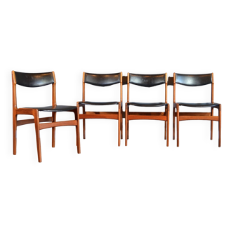 Ensemble de 4 chaises danoises en teck et cuir du milieu du siècle Erik Buch. Vintage Moderne / rétro.