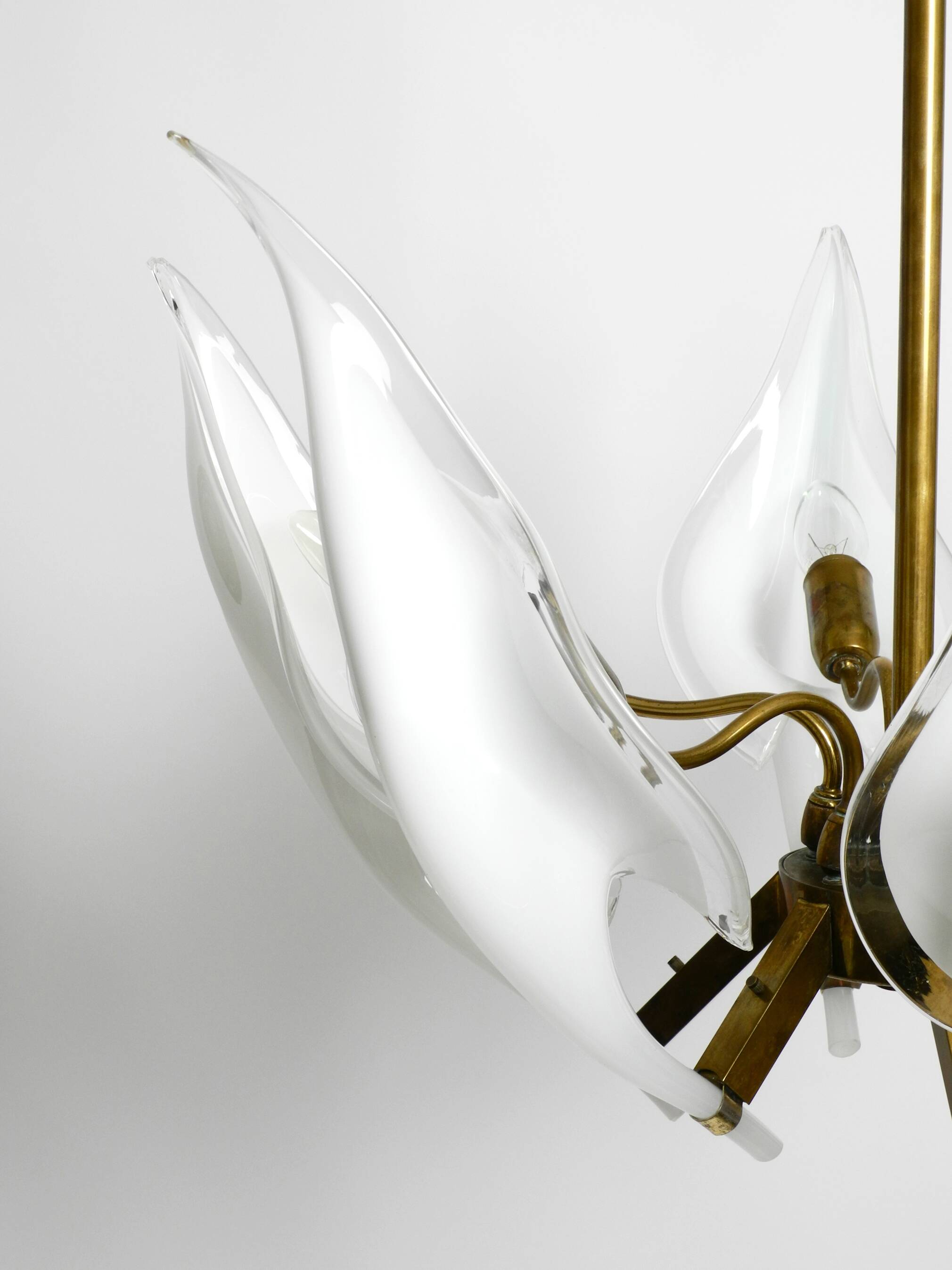 50s brass chandelier with white and transparent Murano glasses Franco Luce