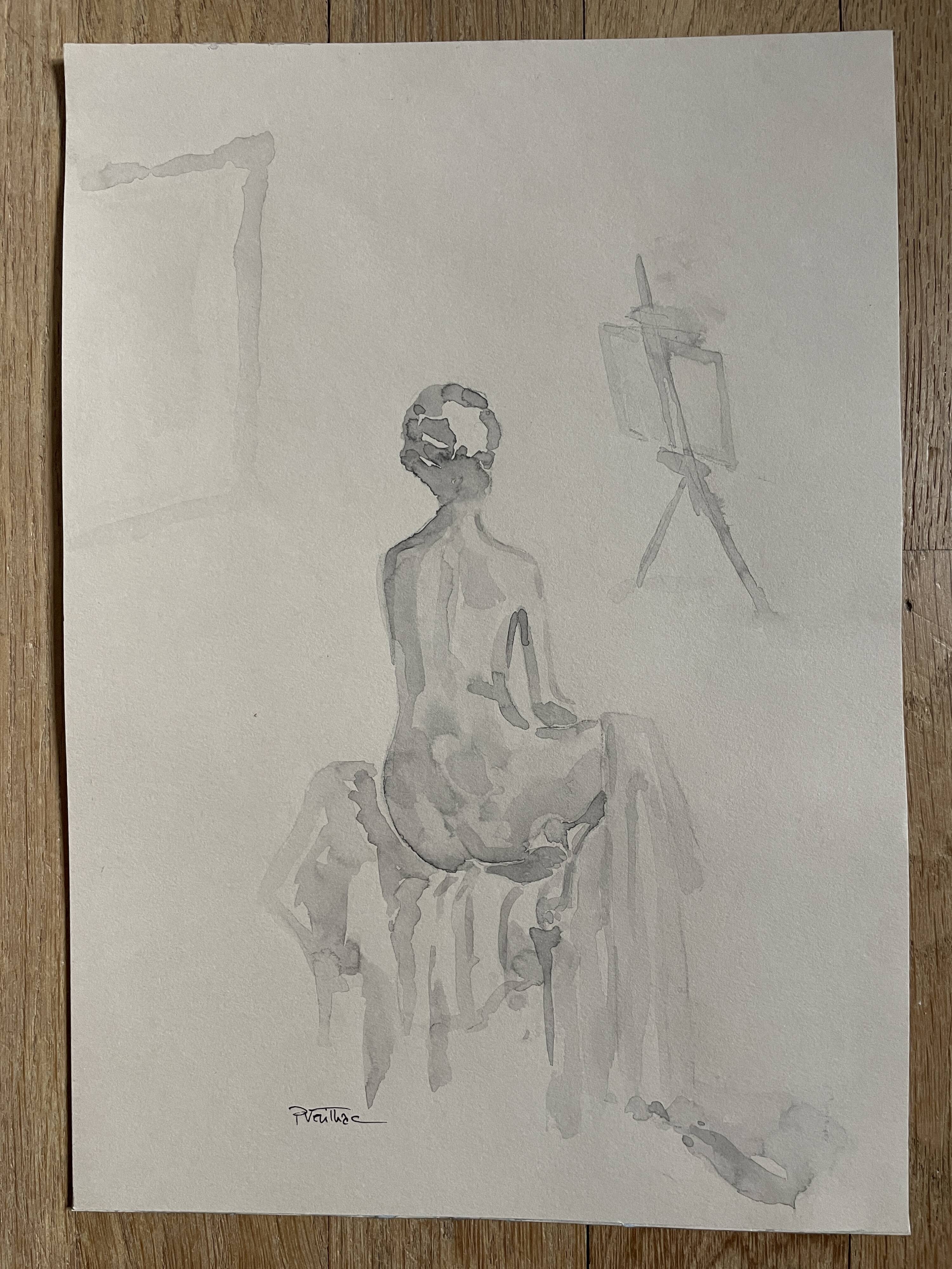 Painting signed monochrome sepia watercolor “female model in the workshop”