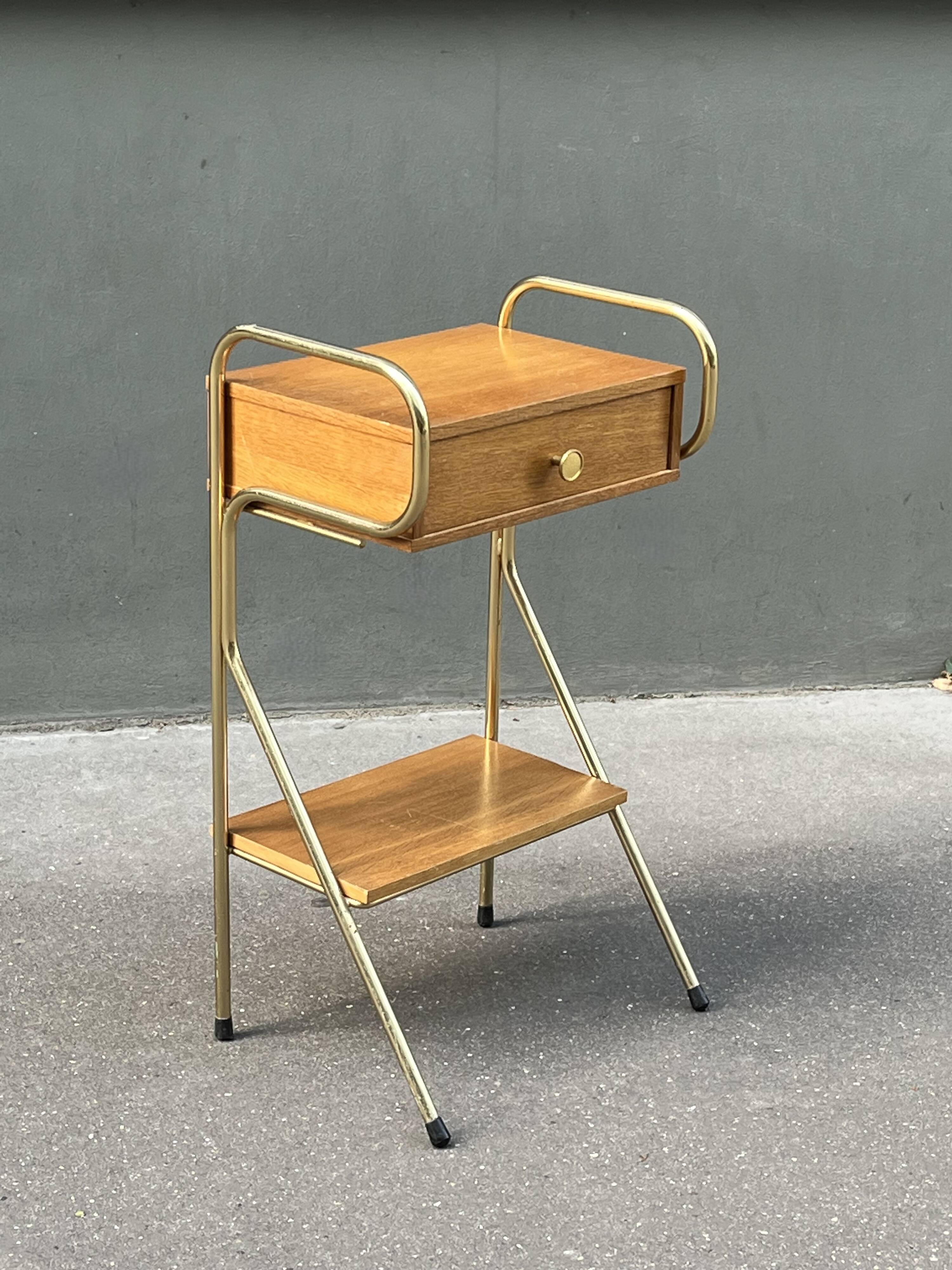 60s wooden and gold metal bedside table