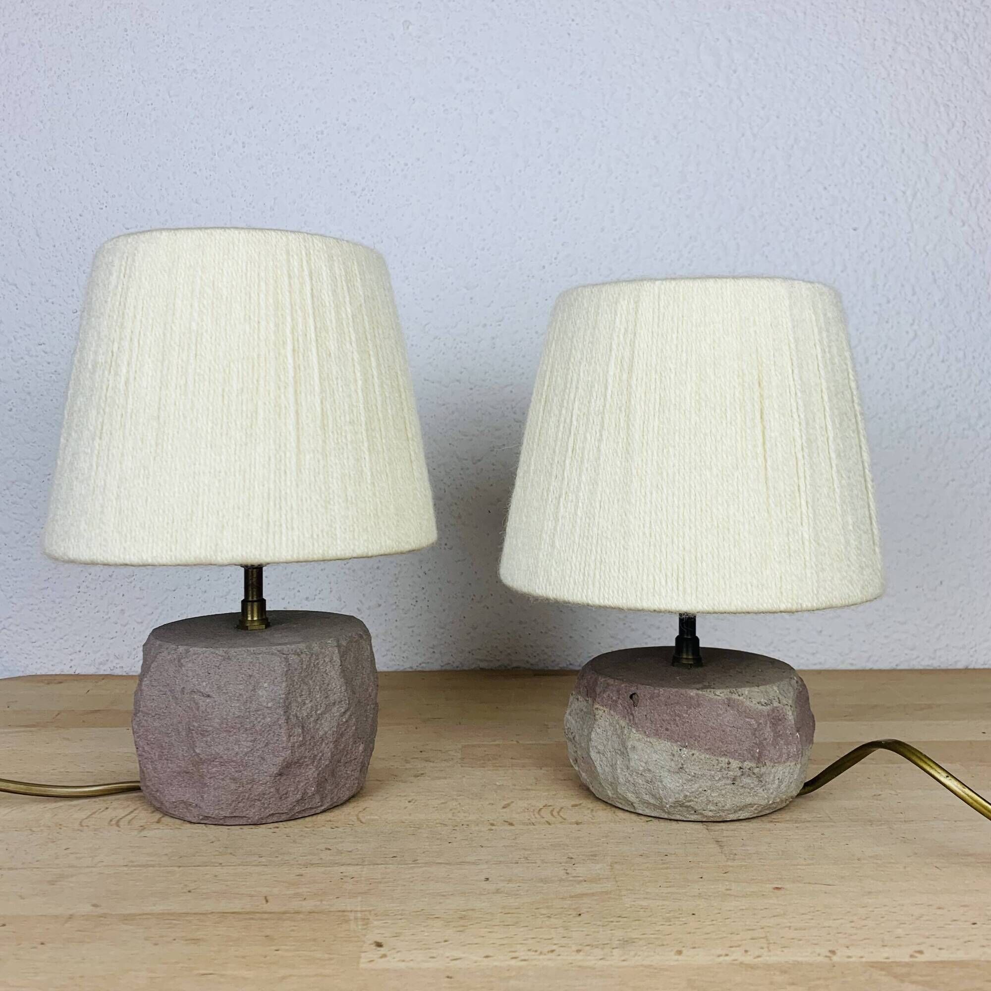 Pair of brutalist lamps in pink stoneware and wool lampshade, 1970