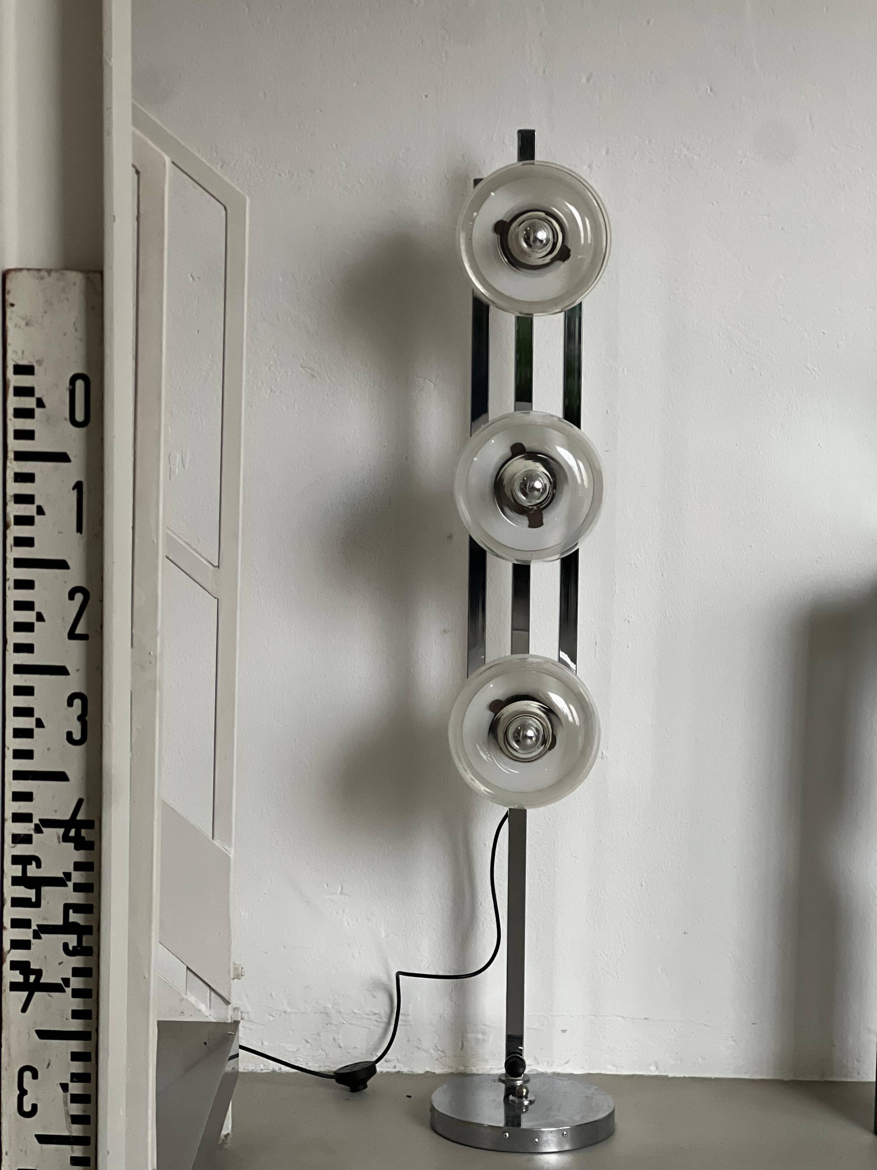 Vintage Italian Floor Lamp in Chromed Metal and Glass with Three Faded Shades