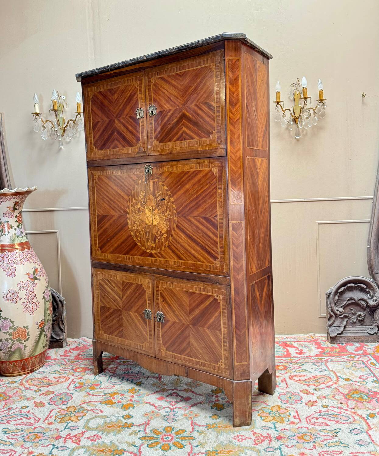 Bayer françois secretary with guillotine in louis x period marquetry