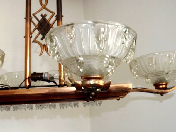 French Art Deco 6-Arm, 10-Light Chandelier  Petitot Ezan Style, Copper Tone