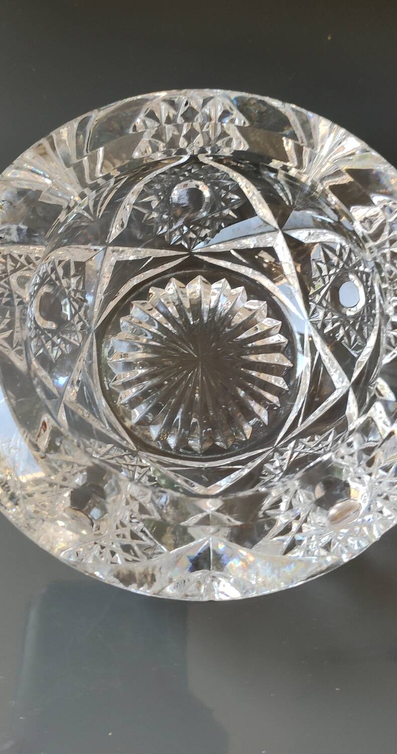 Bohemian cut crystal ashtray/pocket tray. Star/cross-hatched motifs.