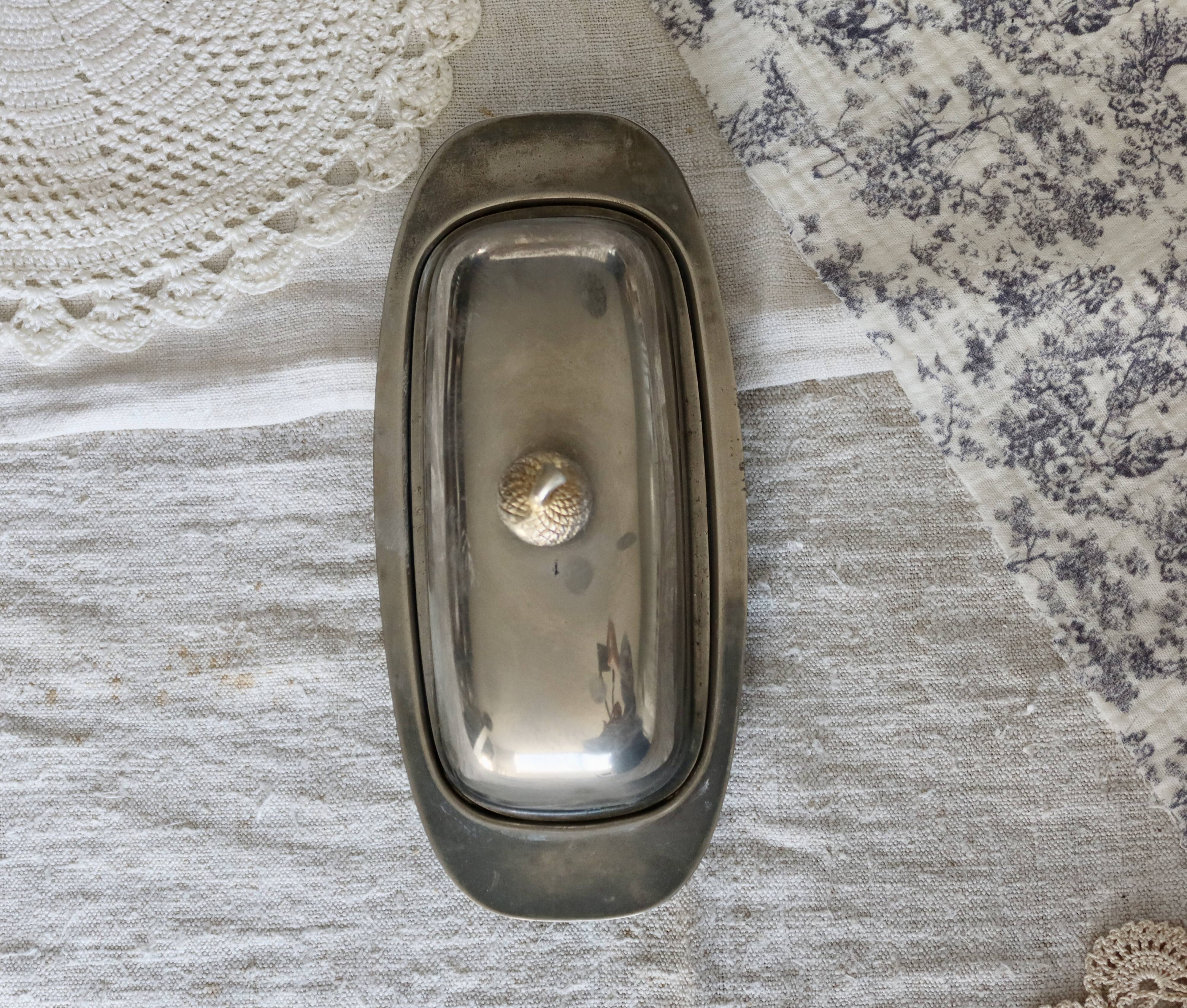 Vintage silver metal butter dish with acorn handle