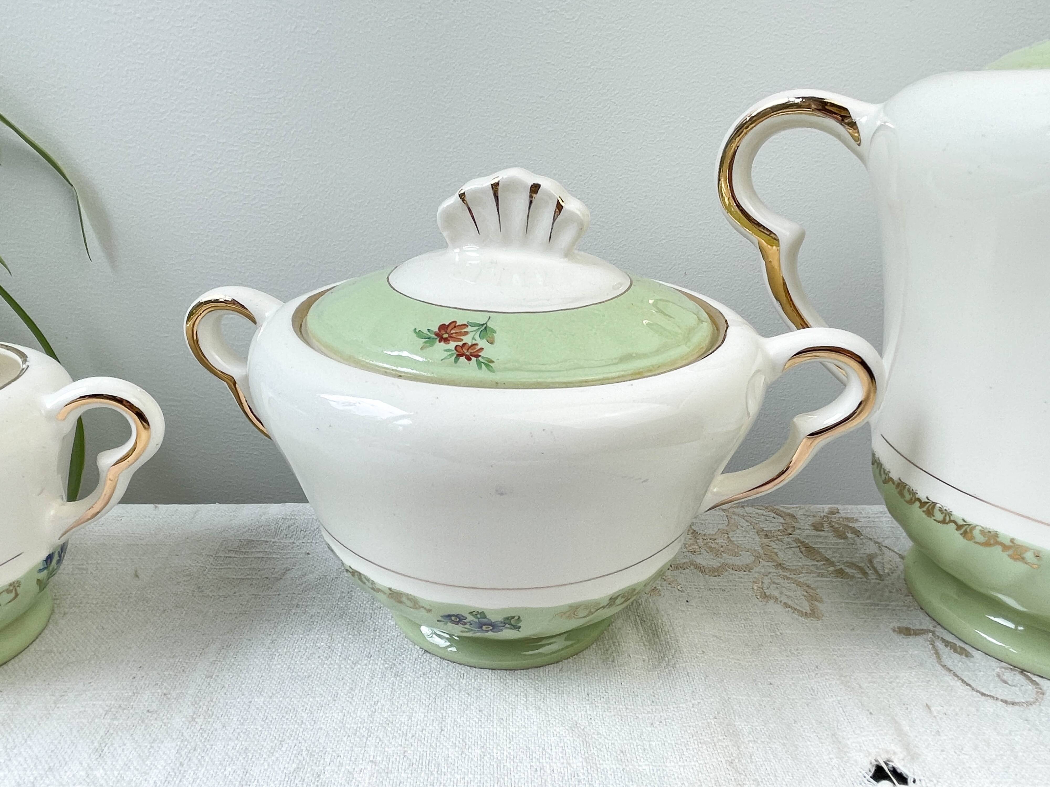Vintage tea/coffee set in white, green and gold porcelain by SALINS, made in France
