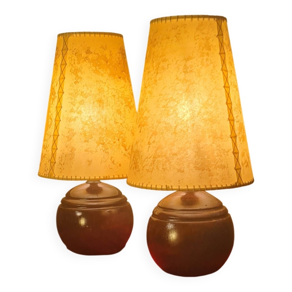 Paire lampe boules bois 1960 abat jour parchemin électricité refaite 33x17
