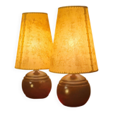 Pair of wooden ball lamps 1960 parchment lampshades electric redone 33x17