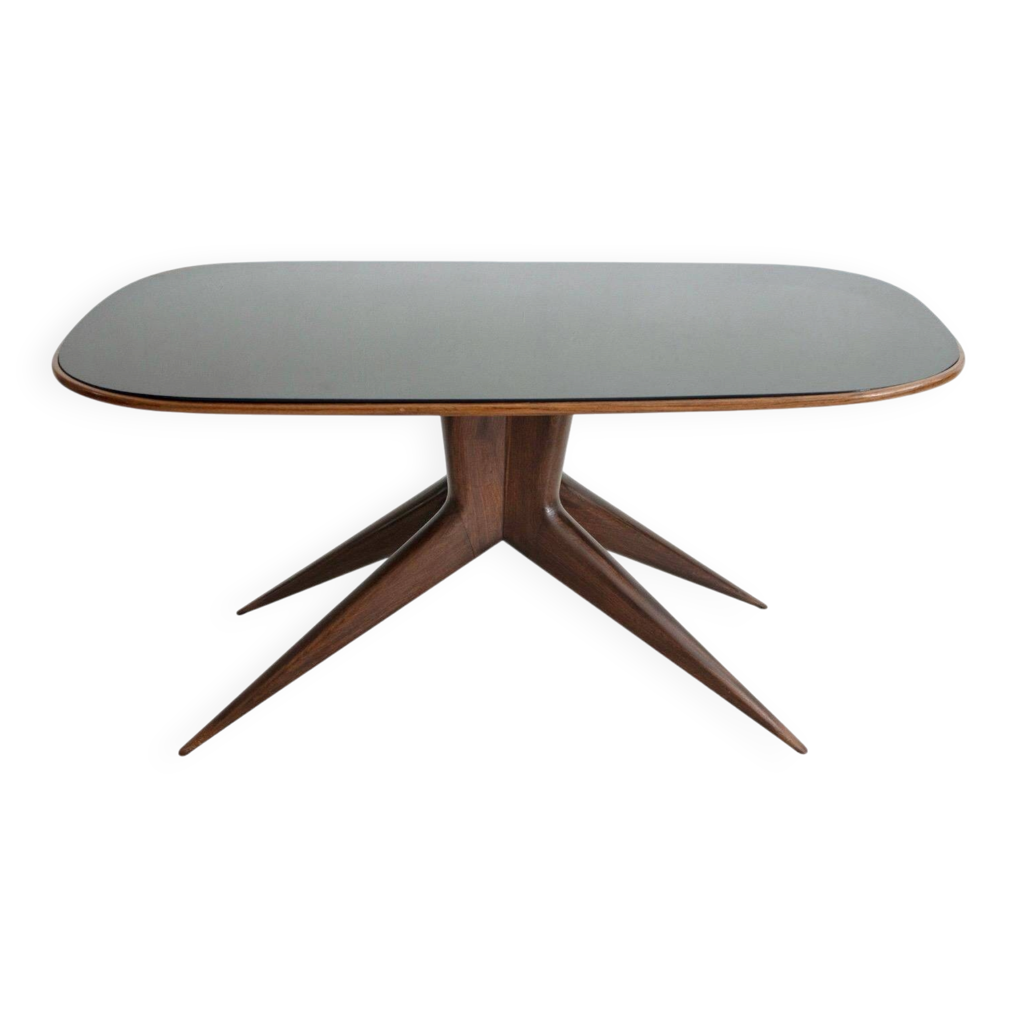 Dining table with a wooden frame and tinted glass top.