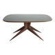 Dining table with a wooden frame and tinted glass top.