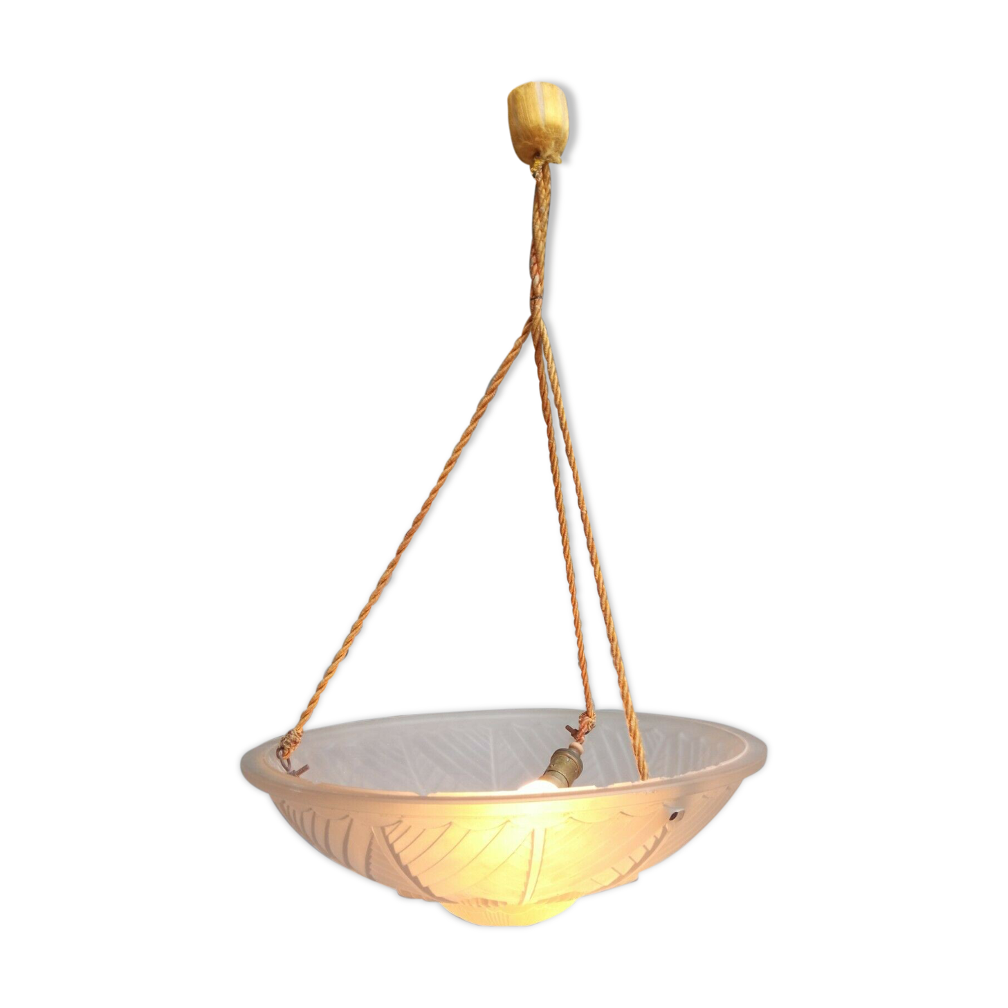 Art Deco ceiling lamp/chandelier in white pressed molded glass in working order