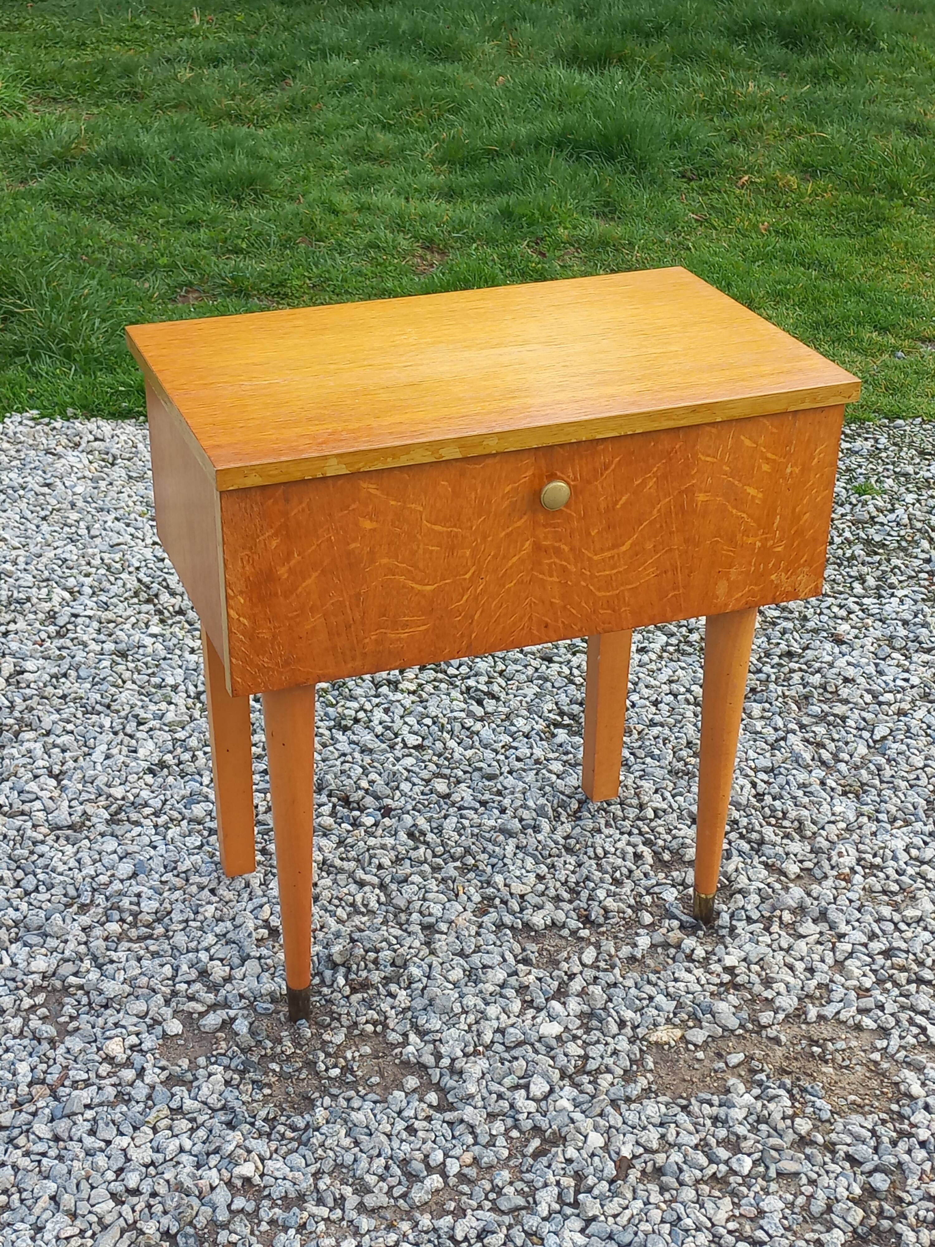 Vintage 1950s bedside table in blond oak with conical legs