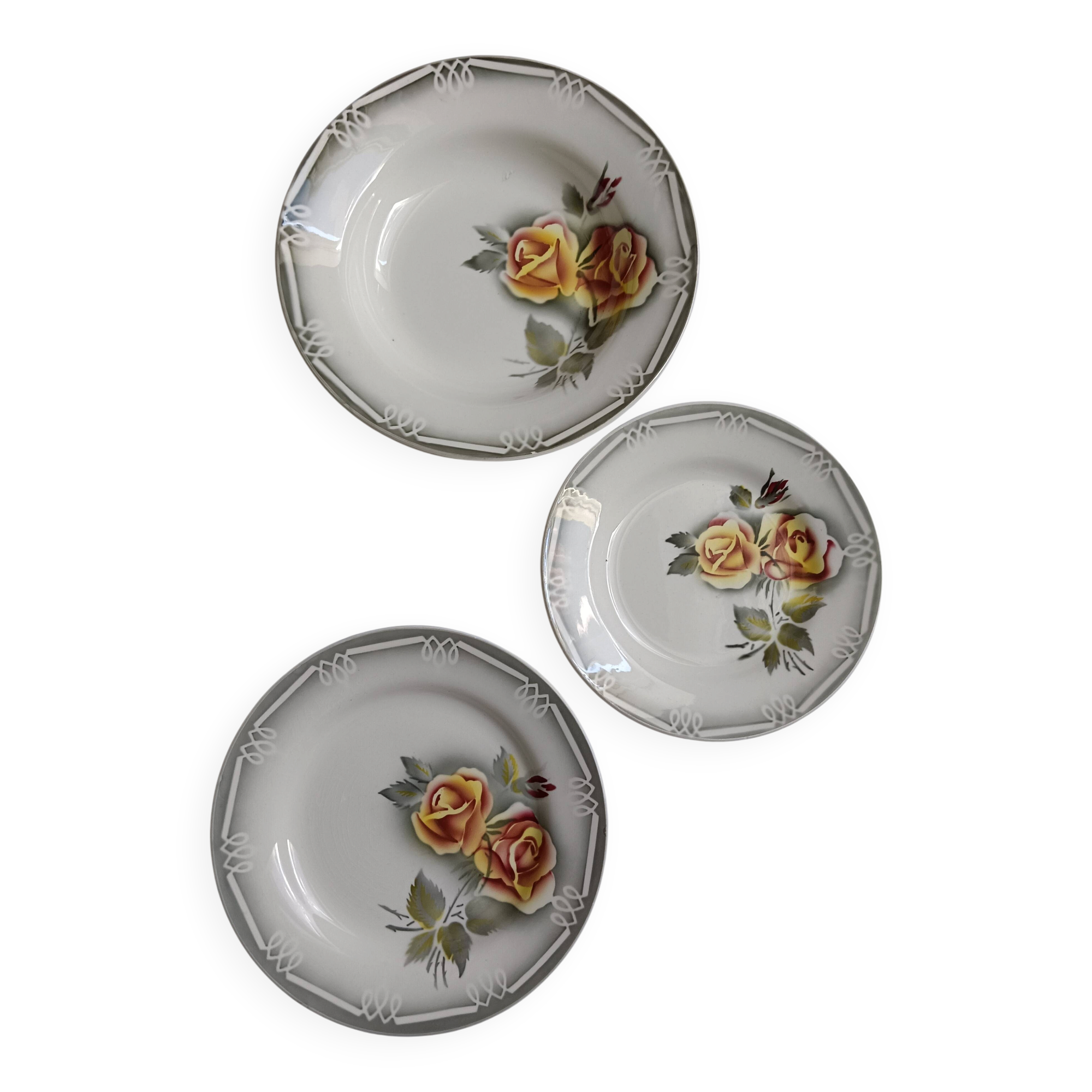 3 assiettes Digoin Sarreguemines Adèle gris jaune et bordeaux