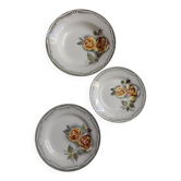 3 Digoin Sarreguemines Adèle plates in grey, yellow, and burgundy.
