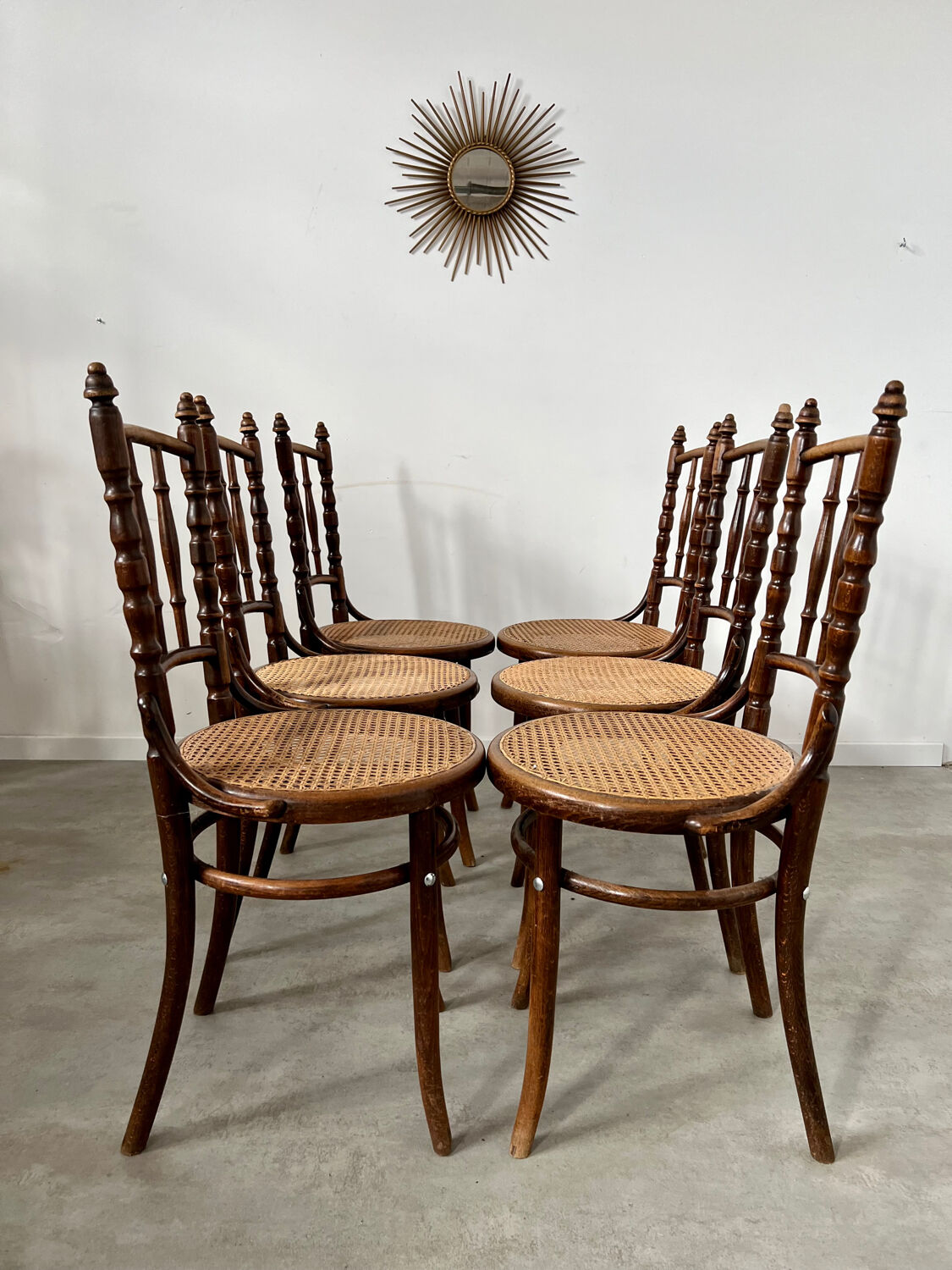 Lot 6 old vintage wooden bistro chairs brand Fischel early 20th century