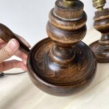 Pair of 50s turned wooden candlestick lamps, vintage lighting fixtures, rustic lamp bases
