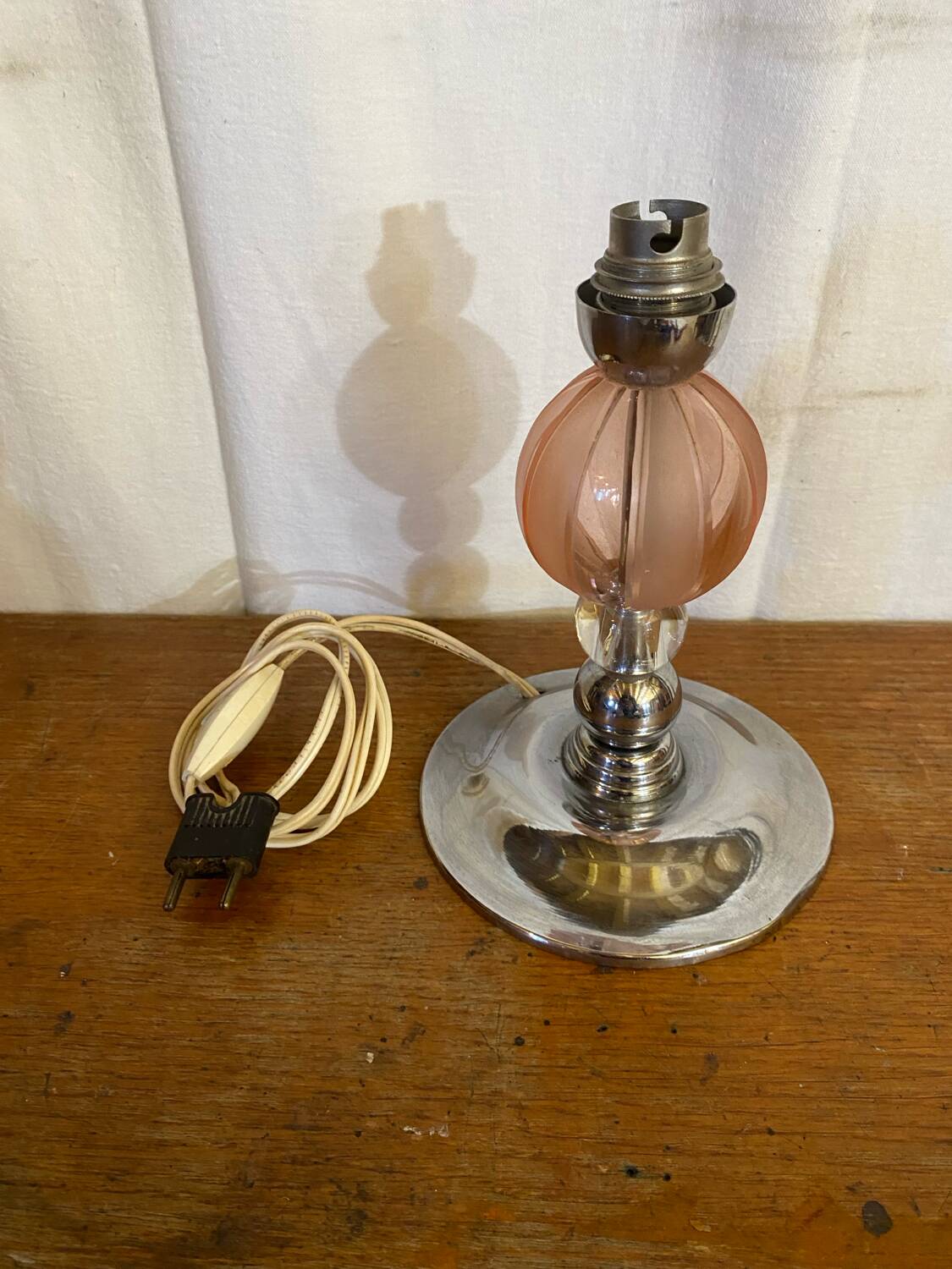 Antique Lamp Base Pink & Clear Glass Ball Chrome Base Vintage