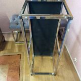 Pair of benches in chrome metal and padded gray fabric