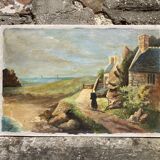 Pointe de Primel in Trégastel, oil painting on old cardboard