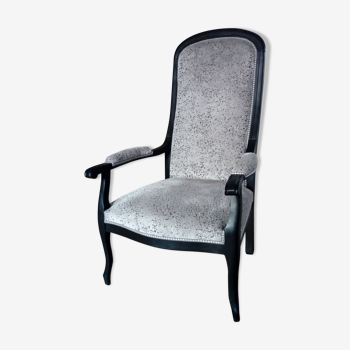 Old Voltaire armchair remade with very bright grey velvet fabric and classic finish