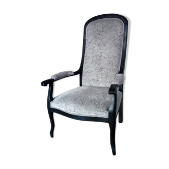 Old Voltaire armchair remade with very bright grey velvet fabric and classic finish