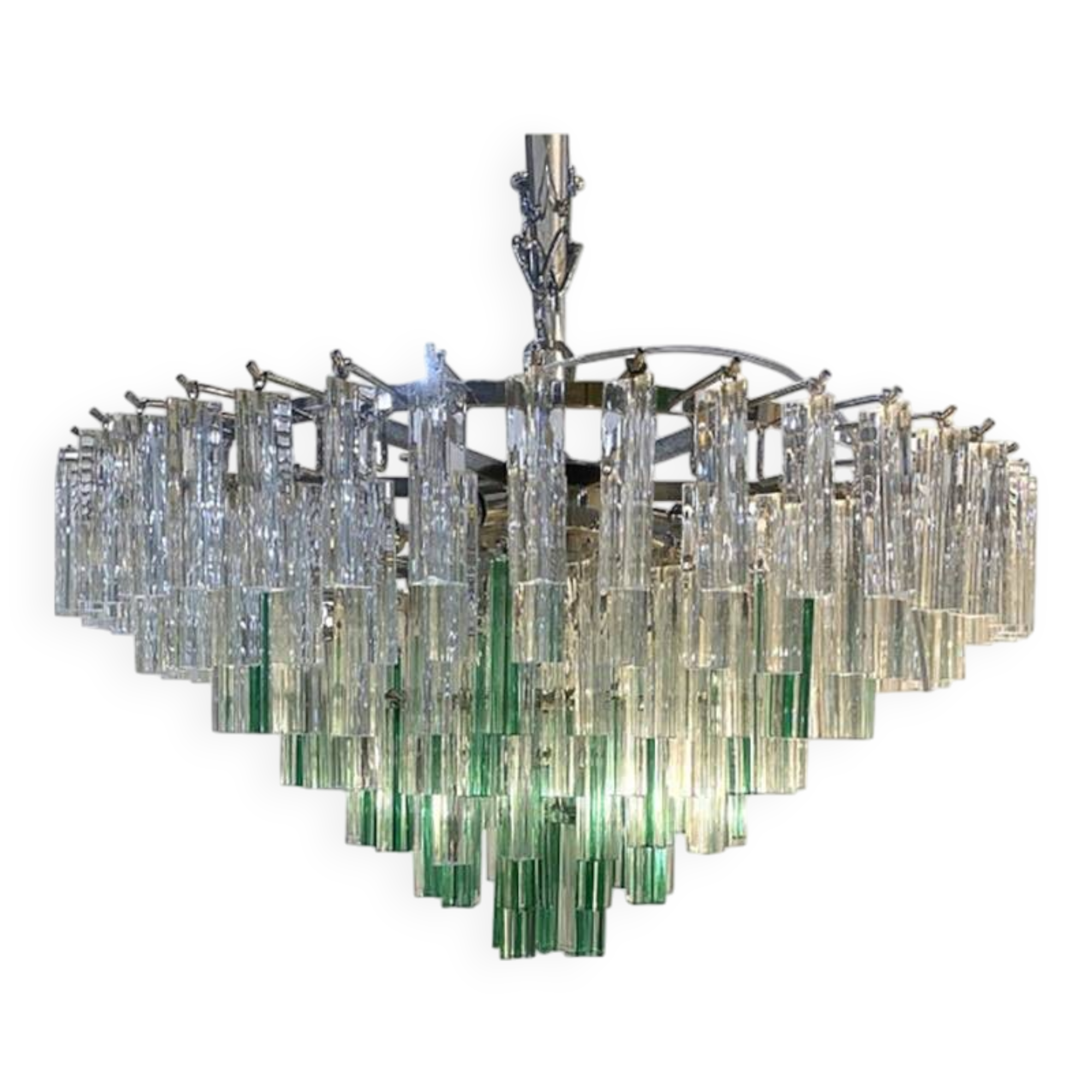 Vintage Green “Quadriedro” and Clear Triedro Murano Style Glass Chandelier