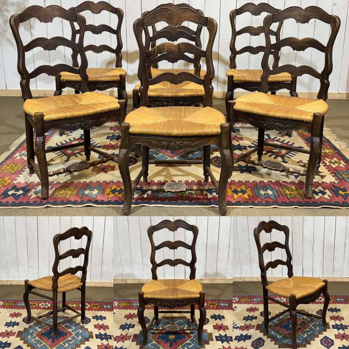 Set of 7 Louis XV style beech chairs with straw seats.