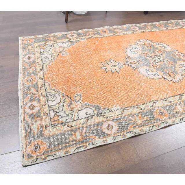 Vintage Turkish Oushak Handmade Wool Cotton Orange Runner Rug 101x339