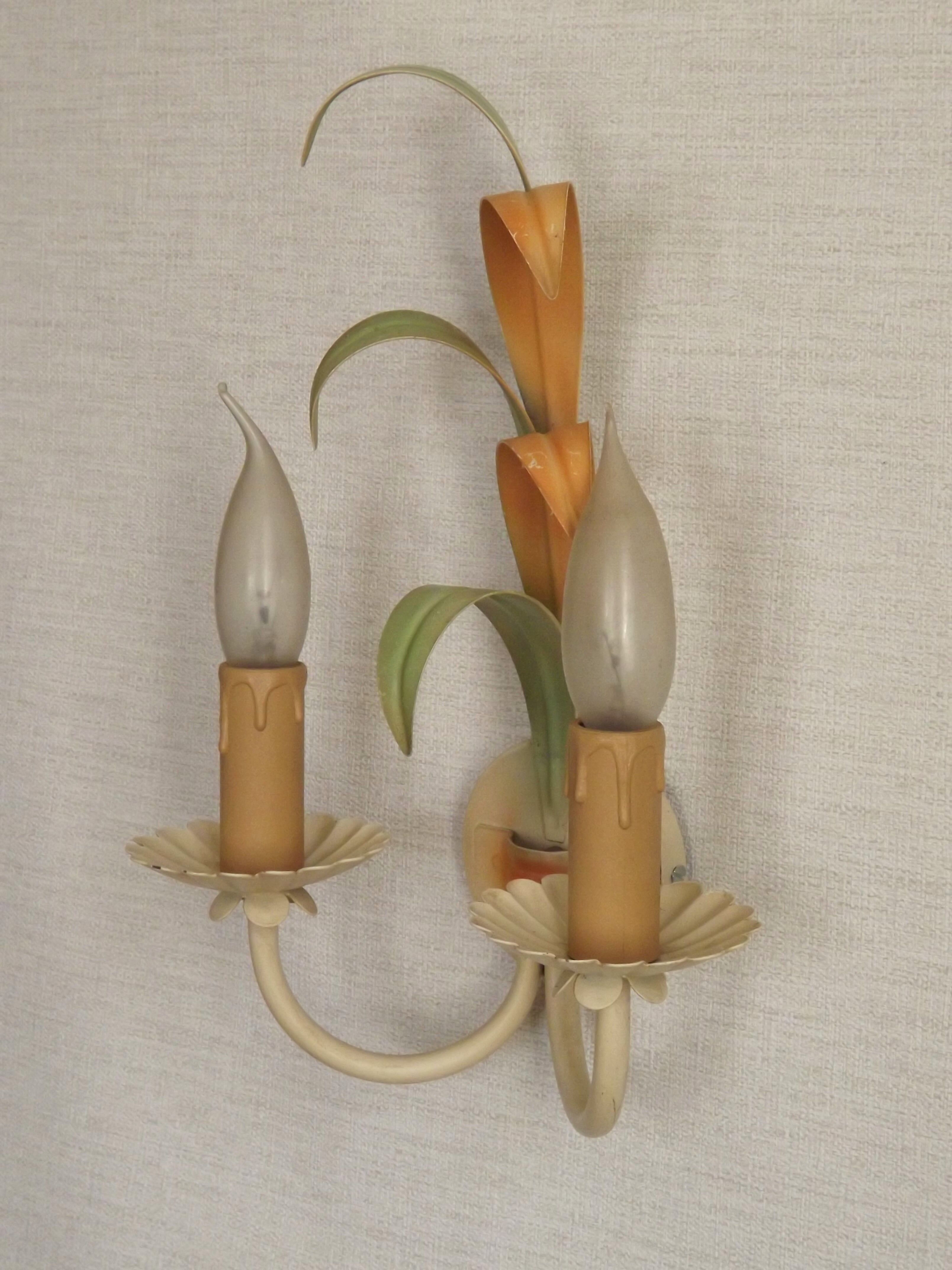 French vintage metal double wall light with peach and green leaves.