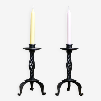 Pair of brutalist wrought iron candlesticks