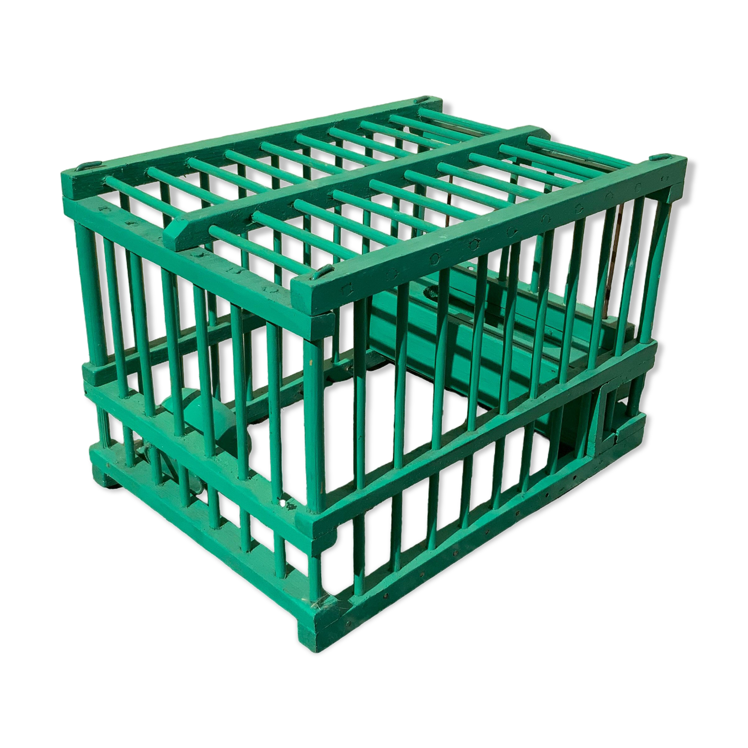 Vintage bird cage in green wood retro paint