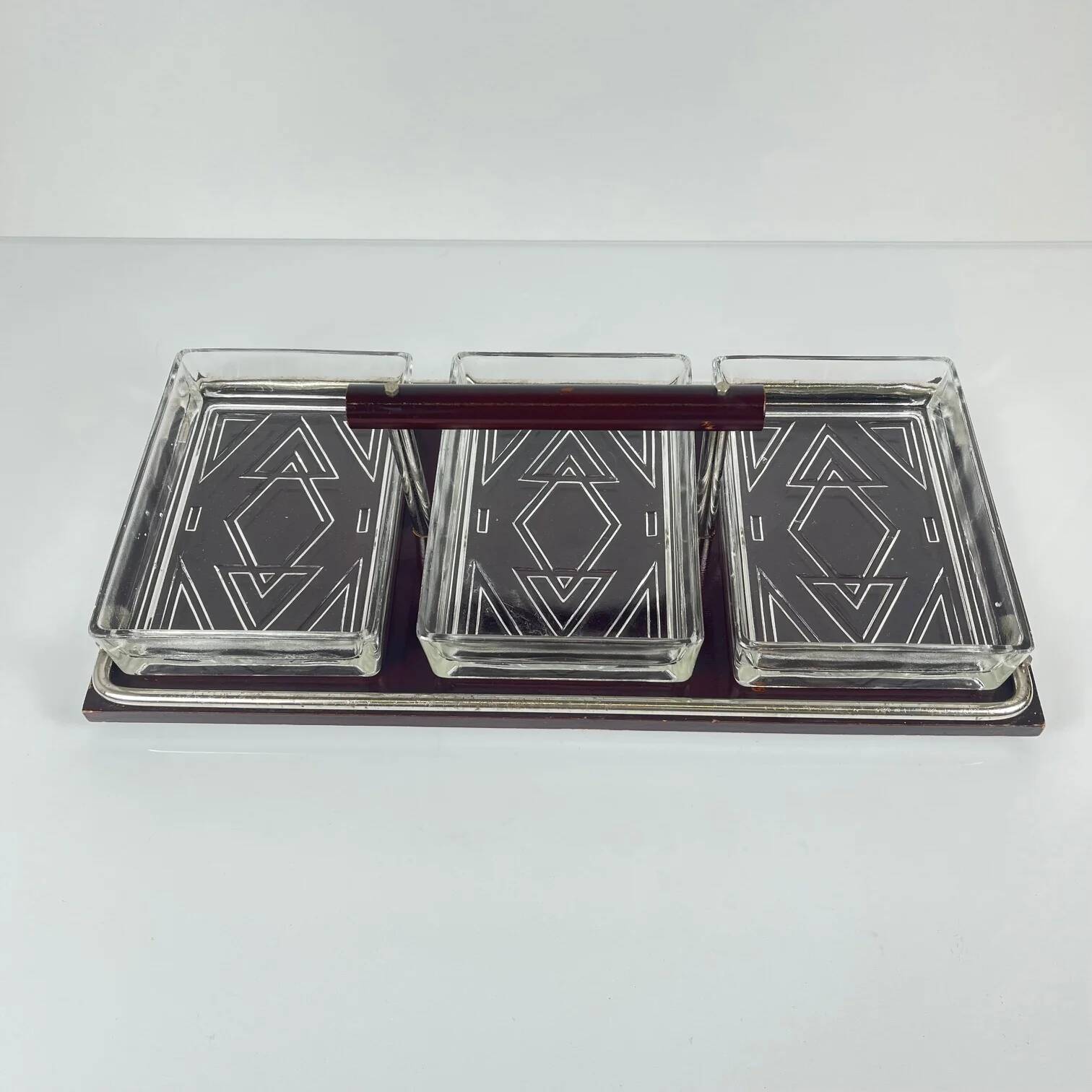 Vintage wooden and glass appetizer tray, 1960s/70s