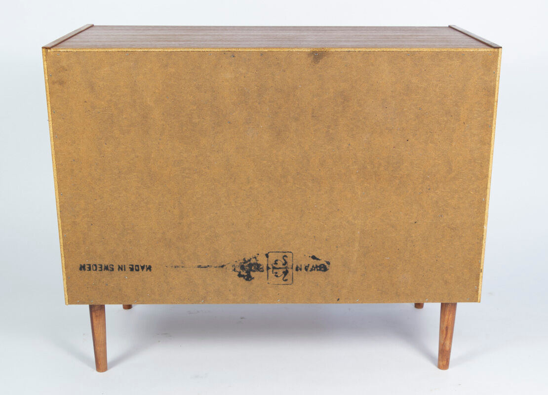 Teak slide door cabinet, made in Sweden, marked swan, 1960s