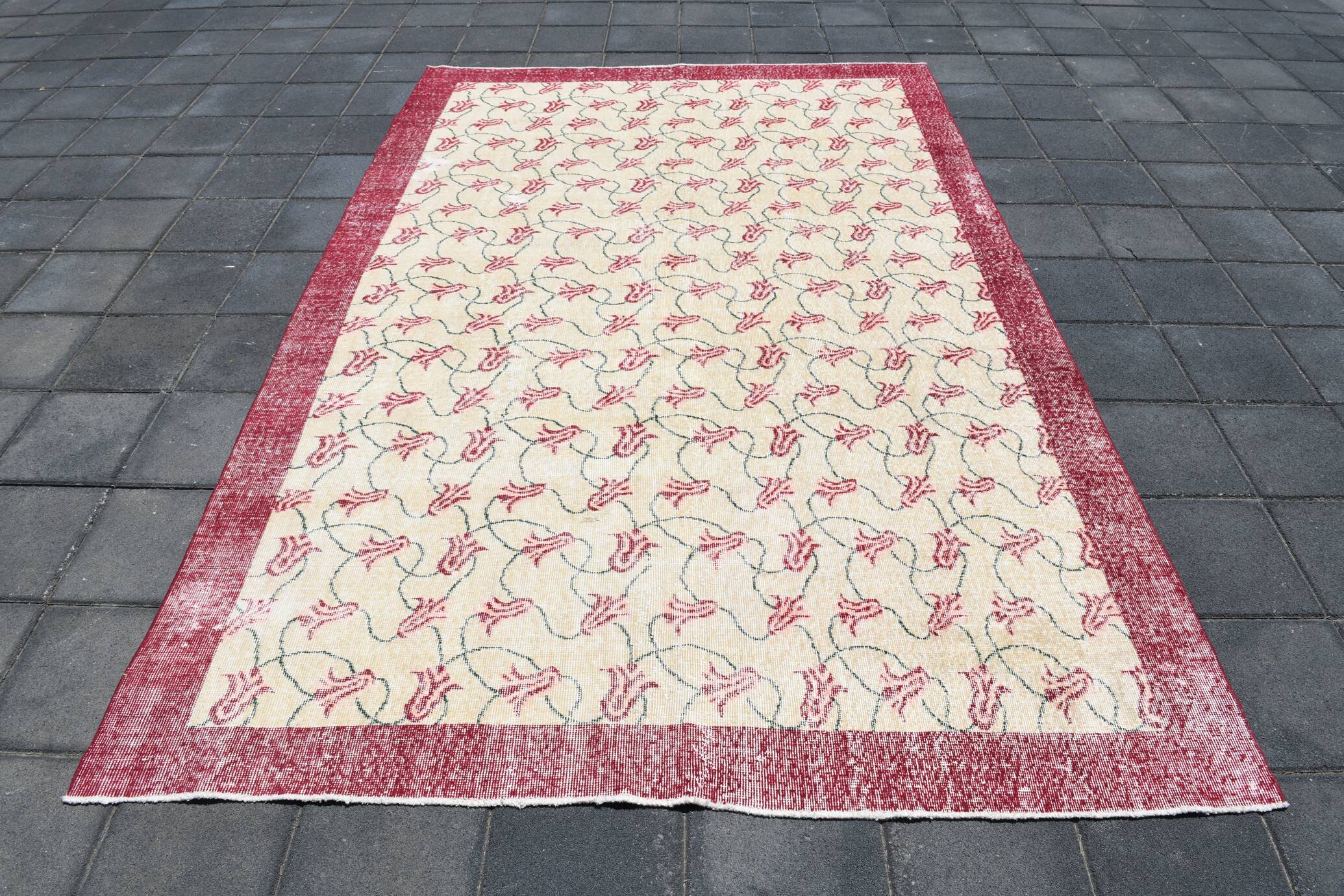 Beige & Burgundy Bordered  Floral Turkish Rug, Neutral Wool Rug, 194x290 Cm